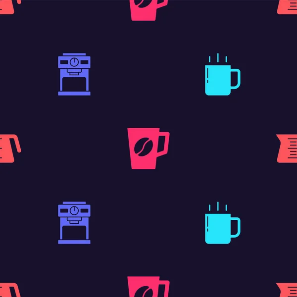 Establecer taza de café, máquina y olla en el patrón sin costuras. Vector — Archivo Imágenes Vectoriales
