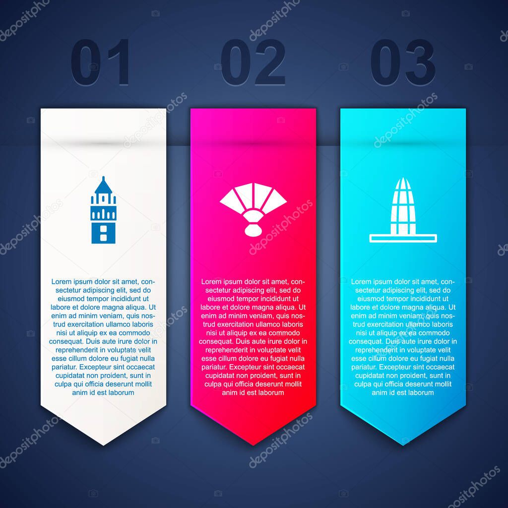 Set Giralda, Fan flamenco and Agbar tower. Business infographic template. Vector