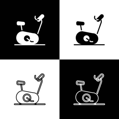 Sabit bisiklet simgesini siyah ve beyaz arkaplanda izole et. Egzersiz bisikleti. Vektör