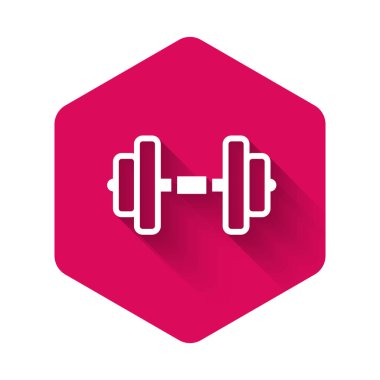 Beyaz Dumbbell simgesi uzun gölge arkaplanı ile izole edilmiş. Kas kaldırma, fitness halteri, spor malzemeleri. Pembe altıgen düğmesi. Vektör