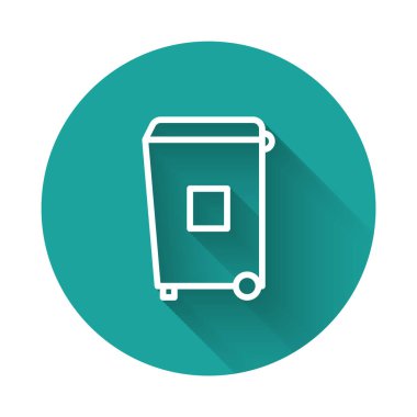 Uzun gölgeli beyaz çizgi çöp kutusu simgesi. Çöp kutusu tabelası. Sepet simgesini geri dönüştür. Ofis çöpü ikonu. Yeşil daire düğmesi. Vektör İllüstrasyonu