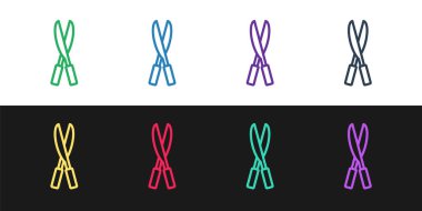 Siyah ve beyaz arkaplanda izole edilmiş simgeyi budamak için el yapımı bahçe makasını ayarla. Ahşap saplı budama makası. Vektör