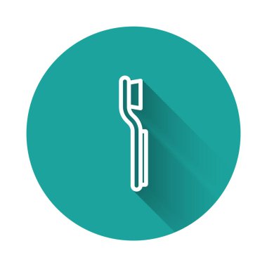 Beyaz çizgi diş fırçası ikonu uzun gölgeli izole edilmiş. Yeşil daire düğmesi. Vektör