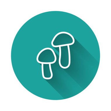 Beyaz çizgi mantar ikonu uzun gölgeli izole edilmiş. Yeşil daire düğmesi. Vektör