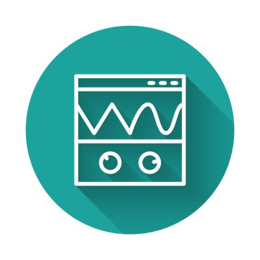 Beyaz çizgi Oscilloscope sinyal dalga ikonu uzun gölgeli. Yeşil daire düğmesi. Vektör