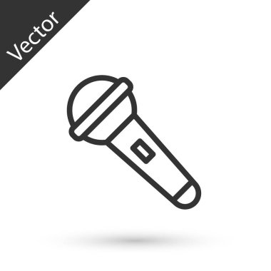 Beyaz arka planda gri çizgi mikrofon simgesi izole edildi. Radyodaki mikrofondan. Sözcü işareti. Vektör