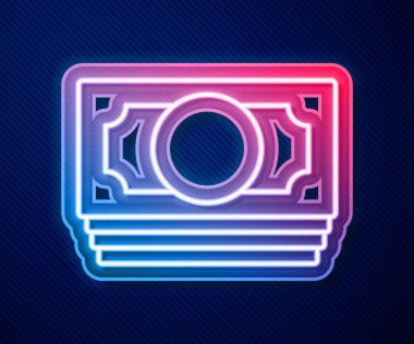 Parlak neon hattı kağıt yığınları para ikonu mavi arka planda izole. Para desteleri. Para birimi. Vektör