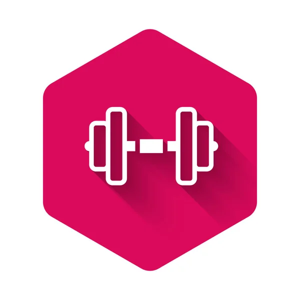 Icono de mancuerna blanca aislado con fondo de sombra largo. Levantamiento muscular, barra de fitness, equipo deportivo. Botón de hexágono rosa. Vector — Vector de stock