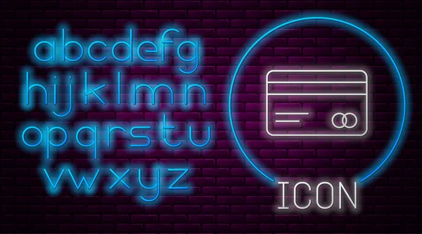 Gloeiende neon lijn Creditcard pictogram geïsoleerd op baksteen muur achtergrond. Online betaling. Contante opname. Financiële verrichtingen. Winkelbord. Neon licht alfabet. Vector Illustratie — Stockvector