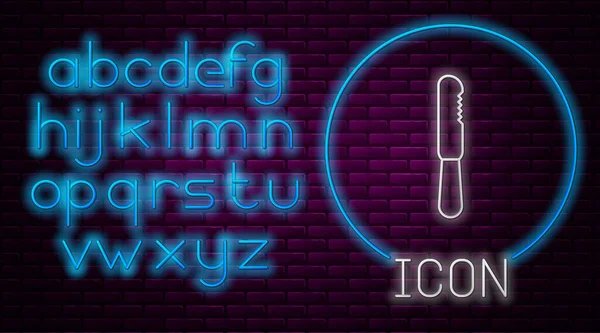 Leuchtende Neon-Linie Einweg-Kunststoff-Messer-Symbol isoliert auf Ziegelwand Hintergrund. Neonlicht-Alphabet. Vektorillustration — Stockvektor