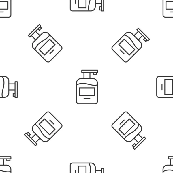 灰线瓶液体抗菌肥皂与配药图标隔离无缝图案白色背景.防腐剂消毒、卫生、护肤B.病媒 — 图库矢量图片
