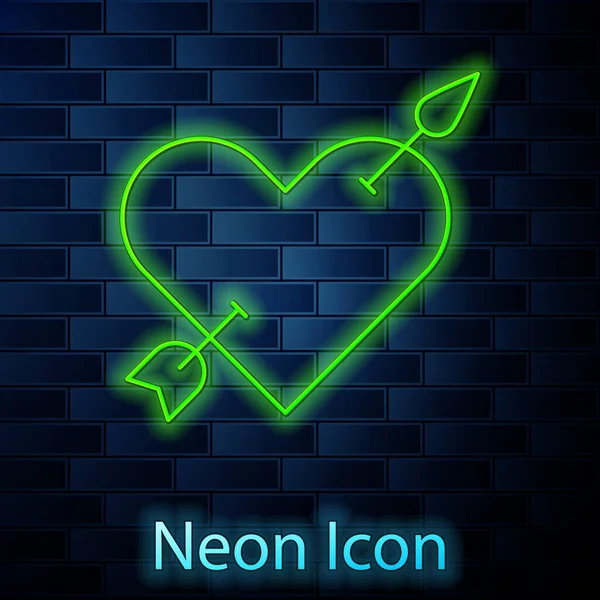 Świecące neon linii Symbol Amour z serca i ikony strzałek izolowane na tle cegły ściany. Znak miłości. Symbol walentynkowy. Wektor — Wektor stockowy