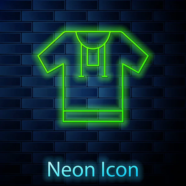 Glowing neon line Embroidered shirt icon isolated on brick wall background. National ukrainian clothing. Vector — Stock Vector