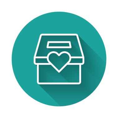 Beyaz çizgi bağışı ve yardım ikonu uzun gölgeli bir geçmişi var. Para ve bağış konsepti. Yeşil daire düğmesi. Vektör