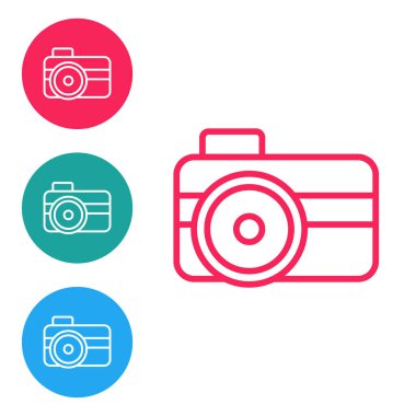 Dalgıç simgesi için kırmızı çizgi fotoğraf makinesi beyaz arkaplanda izole edildi. Fotoğraf makinesi simgesi. Su altı ekipmanları. Simgeleri daire düğmelerine ayır. Vektör