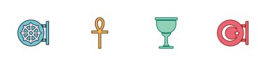 Dharma çarkını, Haç Ankh 'ı, Kutsal Kase' yi, Kadehi, Yıldızı ve Hilal ikonunu hazırla. Vektör