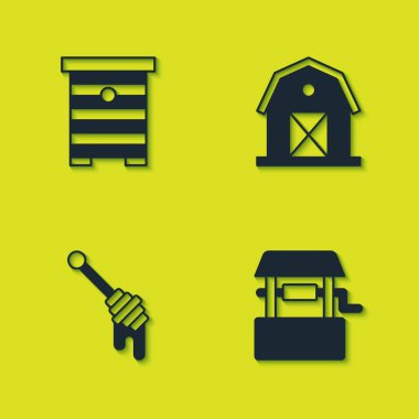 Hive 'ı arılara, Bal Çubuğu' na ve Çiftlik Evi ikonuna ayarla. Vektör