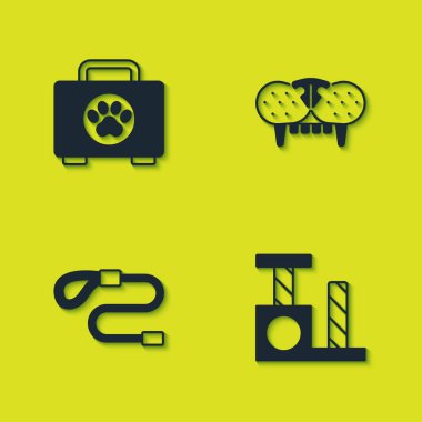 Evcil hayvan ilk yardım kiti, kedi tırmalama direği, geri çekilebilir ip tasması ve diş ikonu. Vektör