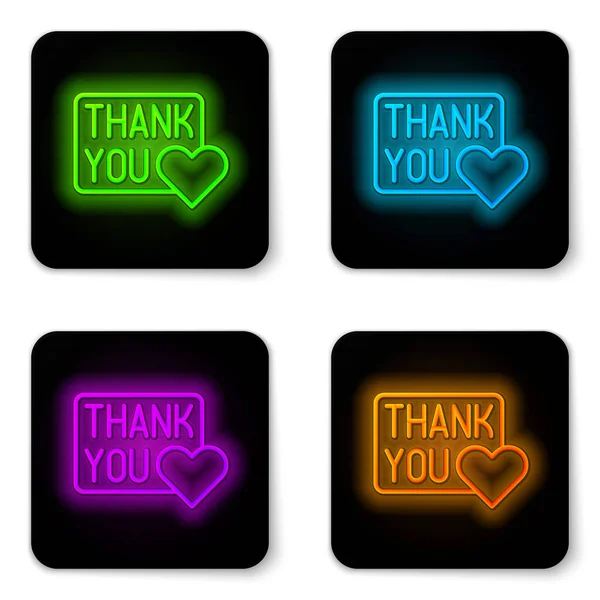 Glowing neon line Thank you with heart icon isolated on white background. Handwritten lettering. Black square button. Vector - Stok Vektor