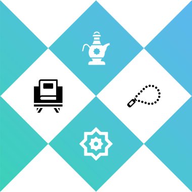 Kur 'an' ın Kutsal Kitabı, Sekizgen yıldız, İslami çaydanlık ve tespih duası din ikonu. Vektör