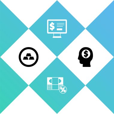 Altın külçeleri, para yüzdesi dolar ve iş adamı zihin ikonu planlama monitörü. Vektör