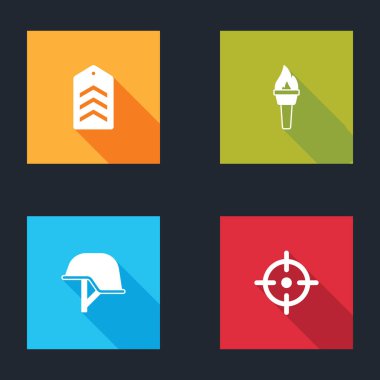 Sembol, meşale alevi, askeri miğfer ve hedef spor ikonu. Vektör