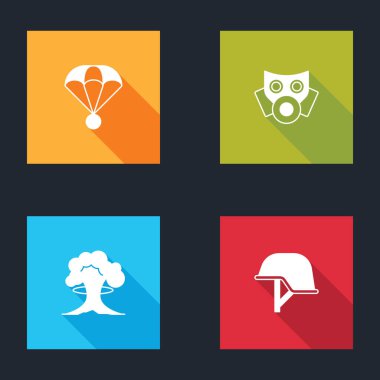 Paraşüt, gaz maskesi, nükleer patlama ve askeri miğfer ikonunu hazırlayın. Vektör