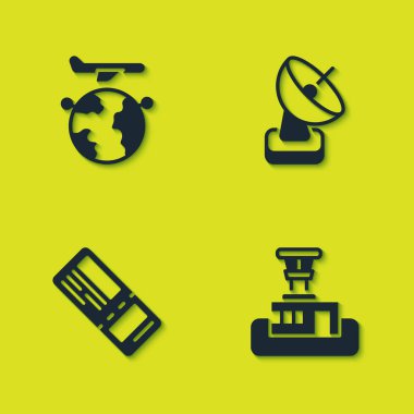 Globe 'u uçan uçakla, havaalanı kontrol kulesiyle, uçak biletiyle ve Radar ikonuyla ayarla. Vektör