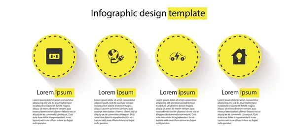 Definir tomada elétrica, planeta energia global, carro e casa inteligente e lâmpada. Modelo de infográfico de negócios. Vetor — Vetor de Stock