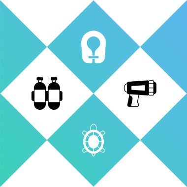 Dalgıç simgesi olarak Aqualung, Turtle, Can yeleği ve el fenerini ayarlayın. Vektör