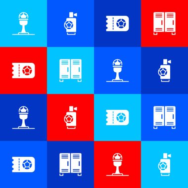 Ödül kupası, futbol topu, korna, futbol bileti ve soyunma odası ikonu. Vektör