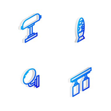 Isometric hattı yer lambasını, masa lambasını, duvar lambasını ve ışık ve lamba simgesini ayarla. Vektör