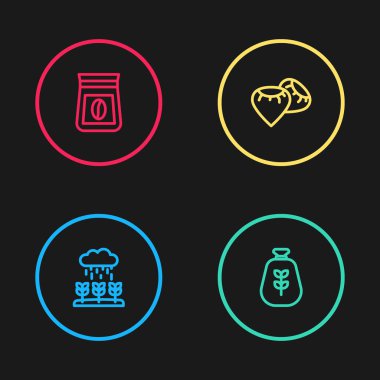 Yağmurda filizlenen bitkiler, un torbası, tohum ve kahve çekirdeği ikonu. Vektör