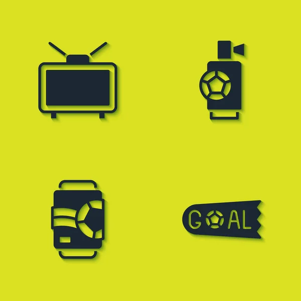 Set Football match on TV, Goal soccer football, Beer can and Air horn icon. Vector — Stock Vector