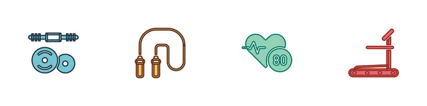 Set Barbell, Jump rope, Heart rate and Treadmill machine icon. Vector — Vector de stock
