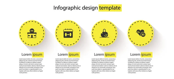 Set Gym building, calendrier de remise en forme, poids cassé et fréquence cardiaque. Modèle d'infographie d'entreprise. Vecteur — Image vectorielle