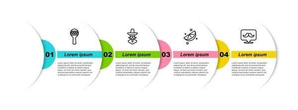 Imposta la linea Maracas, sombrero messicano, lime affettato e baffi. Modello di infografica aziendale. Vettore — Vettoriale Stock