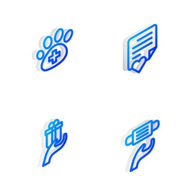 Isometric hattını kalp, veteriner kliniği, hediye ve tıbbi maske ikonu ile donatın. Vektör