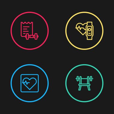 Kalp atış hızı, halterli Bench, akıllı saat kalbi ve spor eğitim programı ikonu. Vektör