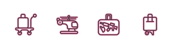 Definir linha de bagagem de carrinho, mala, helicóptero e ícone. Vetor — Vetor de Stock