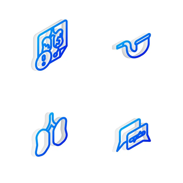 Définir la ligne isométrique Non fumeur de pipe, Maladie pulmonaire, Poumons et icône. Vecteur — Image vectorielle