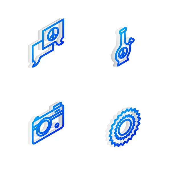 Establecer línea isométrica Bong, Charla de voz burbuja, Cámara de fotos y el icono del sol. Vector — Archivo Imágenes Vectoriales