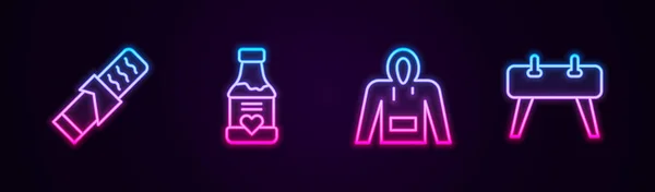 Set lijn Proteïne sport bar, Vitaminen, Hoodie en Pommel paard. Een gloeiend neon icoon. Vector — Stockvector