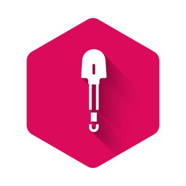 Beyaz Kürek simgesi uzun gölge arkaplanı ile izole edildi. Bahçe aletleri. Bahçecilik, tarım, çiftçilik aleti. Pembe altıgen düğmesi. Vektör