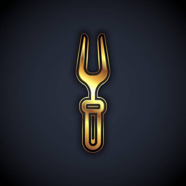 Siyah arkaplanda altın barbekü çatalı simgesi izole edildi. Mangal çatalı tabelası. Barbekü ve ızgara aleti. Vektör
