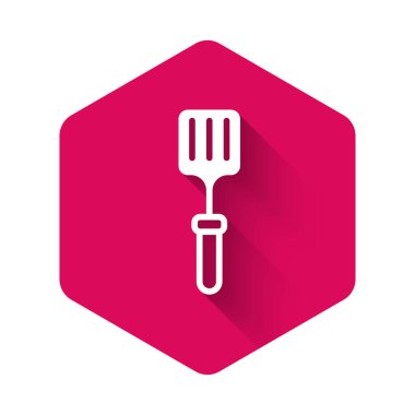 Beyaz Barbekü spatula simgesi uzun gölge arkaplanı ile izole edilmiş. Mutfak spatula ikonu. Barbekü spatula işareti. Barbekü ve ızgara aleti. Pembe altıgen düğmesi. Vektör