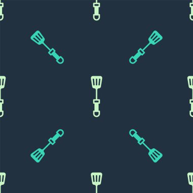 Yeşil ve bej renkli Spatula simgesi mavi arka planda izole edilmiş pürüzsüz desen. Mutfak spatula ikonu. Barbekü spatula işareti. Barbekü ve ızgara aleti. Vektör