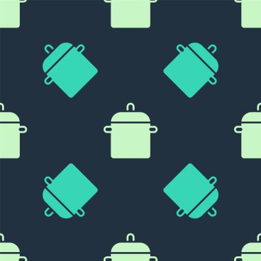 Yeşil ve bej tencere ikonu mavi arka planda izole edilmiş pürüzsüz desen. Haşlama ya da güveç besin sembolü. Vektör