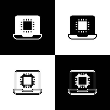 Bilgisayar işlemcisini siyah ve beyaz arkaplanda izole edilmiş mikro devre işlemci simgesi ile ayarla. Devre kartlı çip ya da işlemci. Mikro işlemci. Vektör