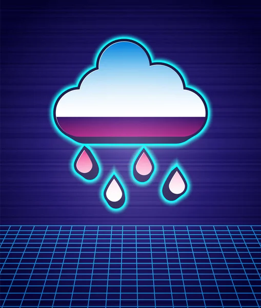 Retro style Cloud with rain icon isolated futuristic landscape background. Rain cloud precipitation with rain drops. 80s fashion party. Vector